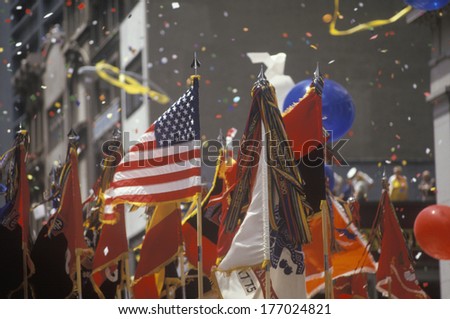 Flags Held Aloft In Ticker Tape Parade, New York City, New York