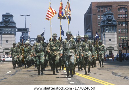 Soldiers Marching in United States Army Parade, Chicago, Illinois
