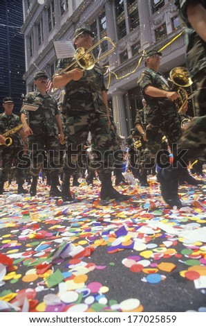 Military Marching Band in Ticker Tape Parade, New York City, New York
