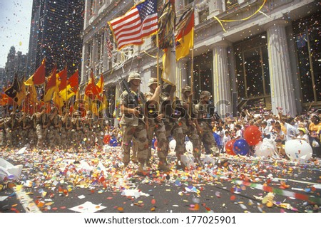 Soldiers Marching with Flags, Ticker Tape Parade, New York City, New York