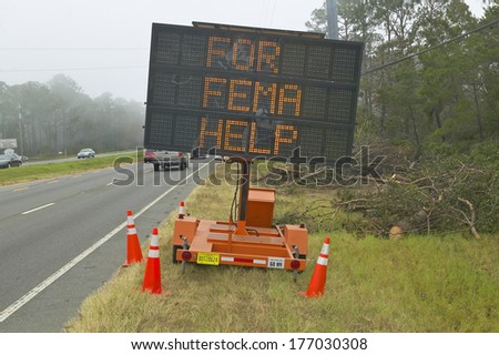 Hurricane Ivan Emergency road sign in Pensacola Florida advertising help from FEMA, the Federal Emergency Management Agency