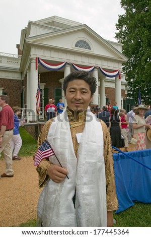 Tibetan New American citizens at Independence Day Naturalization Ceremony on July 4, 2005 at Thomas Jefferson\'s home, Monticello, Charlottesville, Virginia.