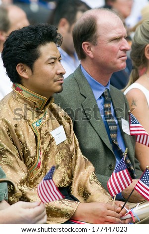 Tibetan with new American citizens at Independence Day Naturalization Ceremony on July 4, 2005 at Thomas Jefferson's home, Monticello, Charlottesville, Virginia.