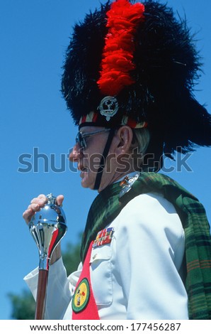 Marching band leader wearing a busby at Scottish Pride Day Festival, Orange County, CA