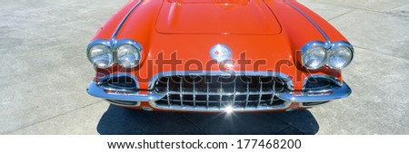 Restored red 1959 Corvette, front close-up, Portland, Oregon