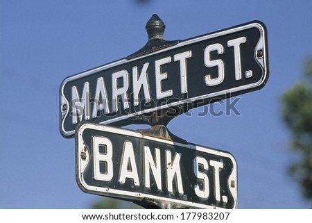 These are street signs that say Market Street and Bank Street.