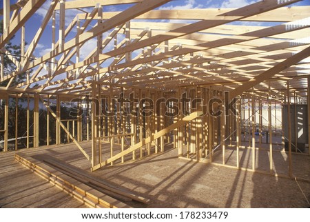 Wood frame of house under construction,  Lone Pine, CA