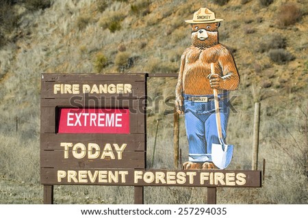 Smokey the Bear warns of forest fires in Ventura County near Lockwood Valley, California on highway 33