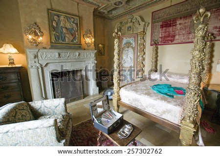Interior of guest bedroom at Hearst Castle, \