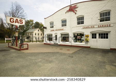 Carms Restaurant and Charlie\'s Garage and old gas station in western Massachusetts, New England