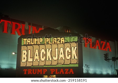 Trump Plaza neon sign in front of casino in Atlantic City, NJ