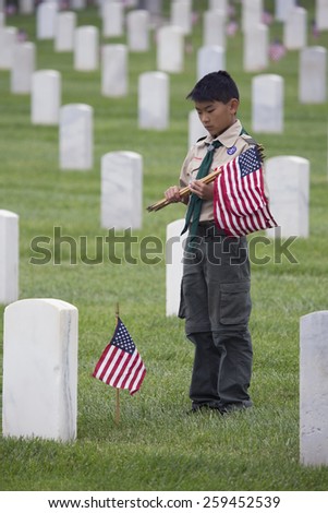 Boyscout places one of 85, 000 US Flags at 2014 Memorial Day Event, Los Angeles National Cemetery, California, USA, 05.24.2014