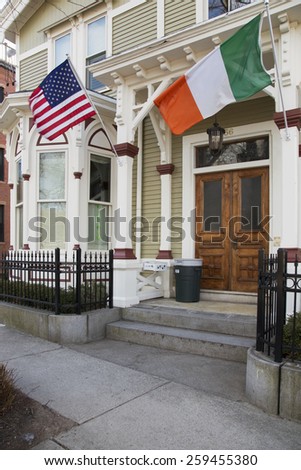 Irish and US Flag, St. Patrick\'s Day Parade, 2014, South Boston, Massachusetts, USA, 03.16.2014