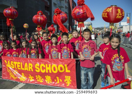 Castelar School sign, 115th Golden Dragon Parade, Chinese New Year, 2014, Year of the Horse, Los Angeles, California, USA, 02.01.2014