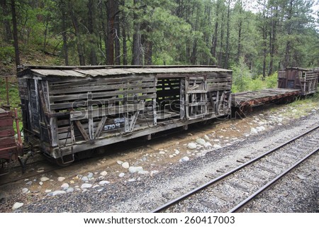 Old box car along Durango and Silverton Narrow Gauge Railroad Steam Engine Train near Durango, Colorado, USA, 07.07.2014