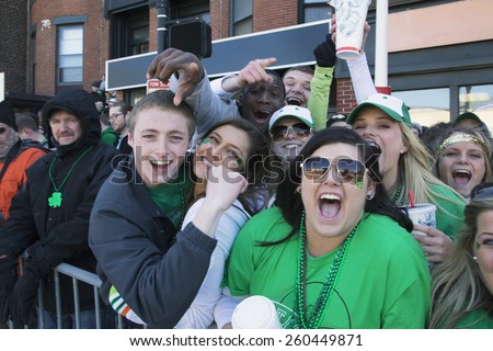 Enthusiastic crowd, St. Patrick\'s Day Parade, 2014, South Boston, Massachusetts, USA, 03.16.2014