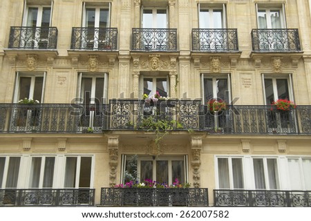 Balconies of Paris apartment building, Paris, France