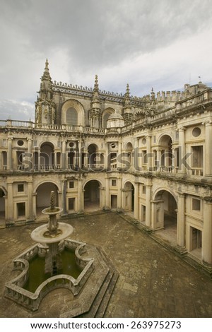 Fountain in courtyard of Convent of the Knights of Christ and the Templar Castle, founded by Gualdim Pais in 1160 AD, is a Unesco World Heritage Site in Tomar, Portugal