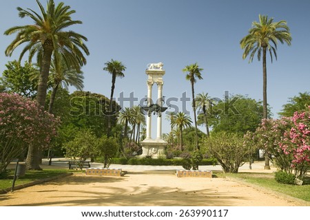 Columbus\' monument - Monumento a ColÃ?Â¢??n, a tribute to Christopher Columbus the Discover of the New World, commissioned in 1911 by King Alfonso XIII in Sevilla, Spain