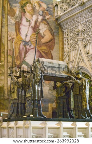 In the Sevilla Cathedral, Southern Spain, is the ornate tomb of Christopher Columbus. Here lies the remains of Columbus, the Discoverer of the New World  in October of 1492
