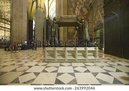 In the Sevilla Cathedral, Southern Spain, is the ornate tomb of Christopher Columbus. Here lies the remains of Columbus, the Discoverer of the New World  in October of 1492