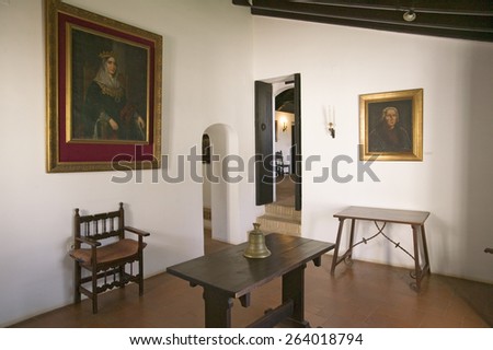 Interior room with paintings of Christopher Columbus and his sponsor, Spanish Queen Isabella, the Huelva Provence of Andalucia and Southern Spain.