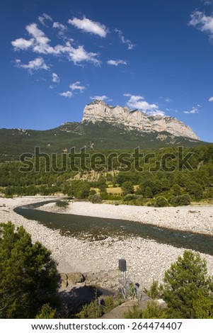 Mountain and river views of Parque National de Ordesa near Ainsa, Huesca, Spain in Pyrenees Mountains