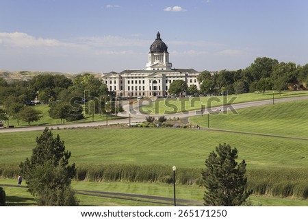Green grass of park leading to South Dakota State Capitol and complex, Pierre, South Dakota