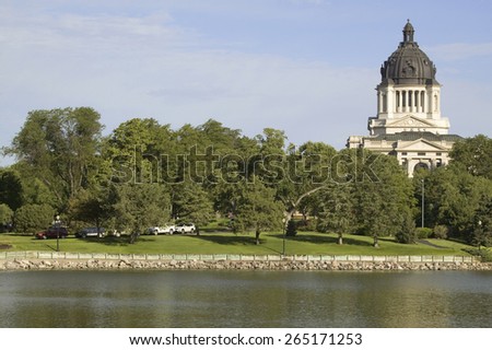 Lake with view of South Dakota State Capitol and complex, Pierre, South Dakota, built between 1905 and 1910