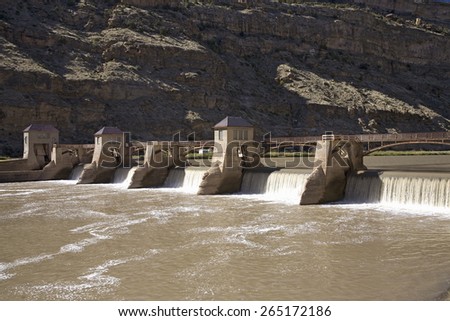 Dam releasing water on Colorado River along Interstate 55 east of Grand Junction, Colorado