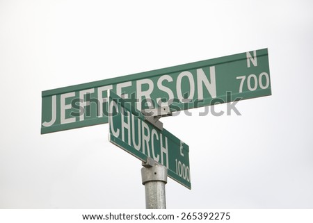 Road signs reading Jefferson & Church - representing Separation of Church and State, Pierre, South Dakota