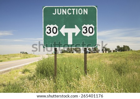 Road sign directing to US 30, the Lincoln Highway, Nebraska Byway, America\'s first transcontinental highway, Nebraska