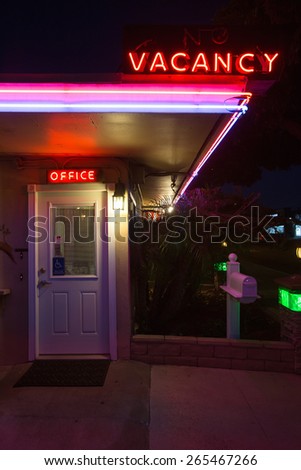 Neon Vacany sign and Office for 1950\'s vintage style Motel in Ventura California