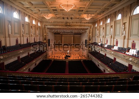 Elevated view of Symphony Hall, Boston Mass, home of Boston Symphony Orchestra and Boston Pops