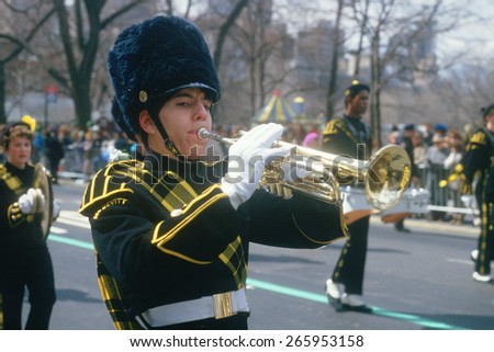 Marching band at the 1987 St. Patrick's Day Parade, NY City
