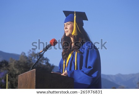 High school valedictorian giving her commencement speech, Ojai, CA