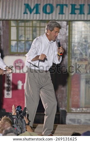 Senator John Kerry speaking from stage at outdoor Kerry Campaign rally, Kingman, AZ