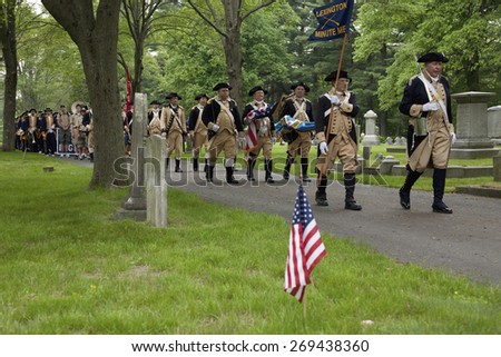 Historic Lexington Cemetery on Memorial Day, 2011 where Revolutionary Soldiers honor fallen soldiers, MA