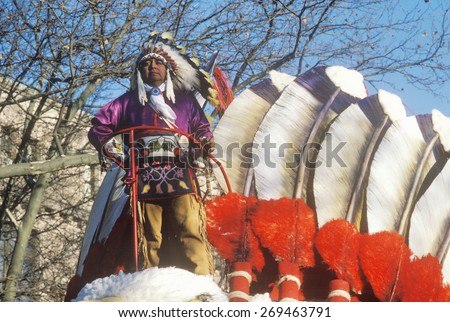 Native American on a float in Macy's 50th annual Thanksgiving Parade in New York City