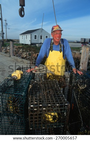 Smiling fisherman with lobster traps, Sakonnet, Rhode Island
