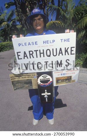 Volunteer collecting donations for Los Angeles earthquake victims, California