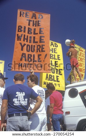Religious right marchers holding signs, Santa Monica, California