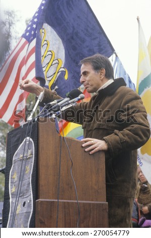 Political activist, Carl Sagan, speaking at rally, Washington D.C.
