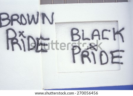 Graffiti reading Brown pride, black pride, South Central Los Angeles, California
