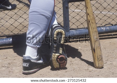 Professional Baseball player \'on deck\' with bat, Candlestick Park, San Francisco, CA