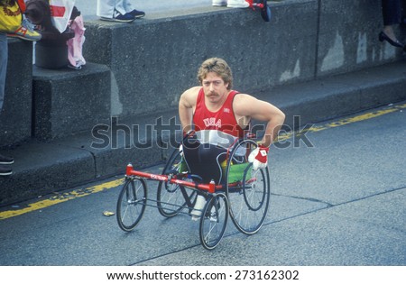 Close-up of handicapped runner in NY City Marathon, NY