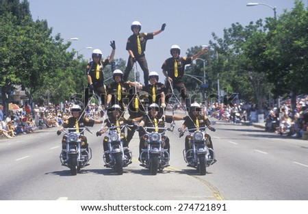 Motorcycle Police in Pyramid in July 4th Parade, Pacific Palisades, California