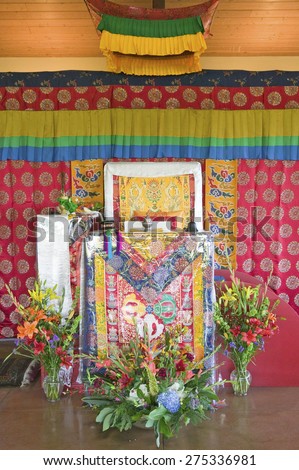 Decorated temple seating awaits HH Penor Rinpoche at Amitabha Empowerment, Meditation Mount in Ojai, CA