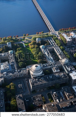 AERIAL VIEW of MIT and Harvard Bridge, also known as M.I.T. Bridge or Mass. Avenue bridge, Route 2 A from Back Bay, Boston to Cambridge across the Charles River