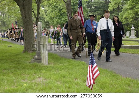 Historic Lexington Cemetery on Memorial Day, 2011 where Veterans honor fallen soldiers, MA
